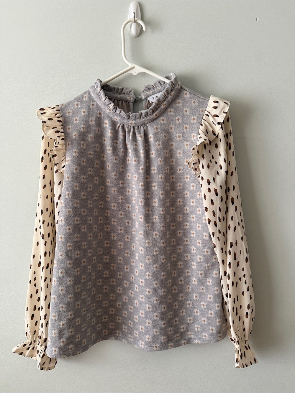 THML Mixed Media Grey Floral Knit Top with Cream Printed Sleeves